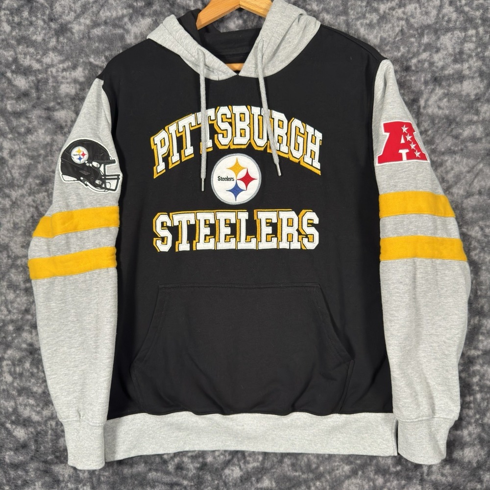 NFL Pittsburgh Steelers Pullover Hoodie Mens Size L Black Patch Embroidered
